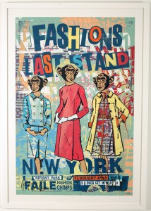 Faile    -  <strong>Fashion's Last Stand</strong> (2011<strong style = 'color:#635a27'></strong>)<bR /> acrylic and silkscreen on paper, 
 38 x 25 inches 
(96.5 x 63.5 cm) 
41 x 31 inches, framed