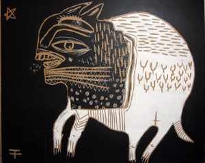 Fefê    -  <strong>Star Monster</strong> (<strong style = 'color:#635a27'></strong>)<bR /> Mixed Media on Scratchboard, 
 19 3/4 x 25 1/2 inches