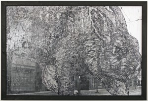 Gaia    -  <strong>Rabbit Lion</strong> (2011<strong style = 'color:#635a27'></strong>)<bR /> mixed media on panel 
(ink on digital print and canvas), 
 48 x 72 inches (4 x 6 ft) 
(121.92 x 182.88 cm)
