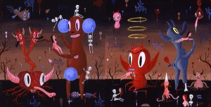 Gary  Baseman -  <strong>The Garden of Unearthly Delights</strong> (2005<strong style = 'color:#635a27'></strong>)<bR /> Acrylic on Wood Panel, 
 Diptych, 
 20 x 20 inches each