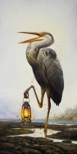 Martin Wittfooth -  <strong>Gathering</strong> (2015<strong style = 'color:#635a27'></strong>)<bR /> oil on canvas, 
 64 x 32 inches 
(162.56 x 81.28 cm)