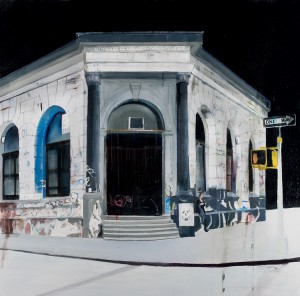 Brett Amory -  <strong>Germania Bank (Waiting #240)</strong> (2015<strong style = 'color:#635a27'></strong>)<bR />  oil on canvas, 
 48 x 48 inches 
(121.92 x 121.92 cm)