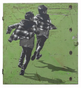 Anders  Gjennestad (Strøk) -  <strong>Runners</strong> (2015<strong style = 'color:#635a27'></strong>)<bR /> spray paint on found steel panel, 
 27.56 x 25.59 inches 
(70 x 65 cm)