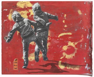 Anders  Gjennestad (Strøk) -  <strong>Throwers</strong> (2015<strong style = 'color:#635a27'></strong>)<bR /> spray paint on found aluminum panel, 
 25.59 x 32.28 inches 
(65 x 82 cm)