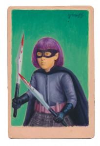 Alex  Gross -  <strong>Hit Girl</strong> (2015<strong style = 'color:#635a27'></strong>)<bR /> oil and acrylic on antique cabinet card photograph, 
 6.5 x 4.5 inches 
(16.5 x 11.4 cm) 
framed dimensions 11 x 9 inches