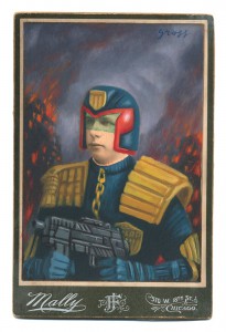 Alex  Gross -  <strong>Judge Dredd</strong> (2015<strong style = 'color:#635a27'></strong>)<bR /> oil and acrylic on antique cabinet card photograph, 
 6.5 x 4.5 inches 
(16.5 x 11.4 cm) 
framed dimensions 11 x 9 inches