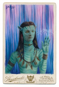 Alex  Gross -  <strong>Neytiri</strong> (2015<strong style = 'color:#635a27'></strong>)<bR /> oil and acrylic on antique cabinet card photograph, 
 6.5 x 4.5 inches 
(16.5 x 11.4 cm) 
framed dimensions 11 x 9 inches