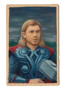 Alex  Gross -  <strong>Thor (film)</strong> (2015<strong style = 'color:#635a27'></strong>)<bR /> oil and acrylic on antique cabinet card photograph, 
 6.5 x 4.5 inches 
(16.5 x 11.4 cm) 
framed dimensions 11 x 9 inches
