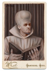 Alex  Gross -  <strong>To Serve Man</strong> (2015<strong style = 'color:#635a27'></strong>)<bR /> oil and acrylic on antique cabinet card photograph, 
 6.5 x 4.5 inches 
(16.5 x 11.4 cm) 
framed dimensions 11 x 9 inches