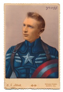 Alex  Gross -  <strong>Winter Soldier</strong> (2015<strong style = 'color:#635a27'></strong>)<bR /> oil and acrylic on antique cabinet card photograph, 
 6.5 x 4.5 inches 
(16.5 x 11.4 cm) 
framed dimensions 11 x 9 inches