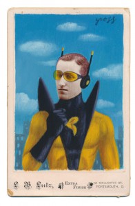 Alex  Gross -  <strong>Yellowjacket</strong> (2015<strong style = 'color:#635a27'></strong>)<bR /> oil and acrylic on antique cabinet card photograph, 
 6.5 x 4.5 inches 
(16.5 x 11.4 cm) 
framed dimensions 11 x 9 inches