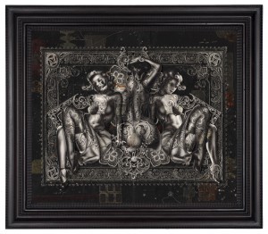 Handiedan     -  <strong>Centauri</strong> (2015<strong style = 'color:#635a27'></strong>)<bR /> print, collage and pen with matte varnish on wooden panel in ornamental frame, 
 31.5 x 37.5 inches 
(80 x 95 cm) 
40.5 x 46.5 inches, framed