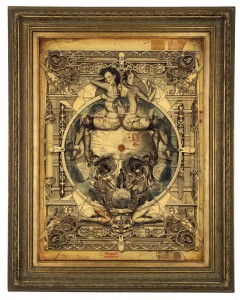 Handiedan     -  <strong>Parallax</strong> (2015<strong style = 'color:#635a27'></strong>)<bR /> print, collage and pen with matte varnish on wooden panel in ornamental frame, 
 39.25 x 29.25 inches 
(100 x 74 cm) 
49.5 x 39.75 inches, framed