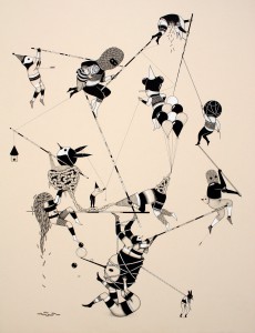 Hello Monsters    -  <strong>Those Ropes (7)</strong> (2011<strong style = 'color:#635a27'></strong>)<bR /> india ink and ecoline on paper, 
 31.5 x 23.6 inches (80 x 60 cm)