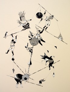 Hello Monsters    -  <strong>Those Ropes (9)</strong> (2011<strong style = 'color:#635a27'></strong>)<bR /> india ink and ecoline on paper, 
 31.5 x 23.6 inches (80 x 60 cm)