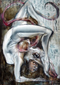 Herakut    -  <strong>He Tried to Train His Lab Rat to be Disobedient</strong> (2011<strong style = 'color:#635a27'></strong>)<bR /> acrylic, spray paint and charcoal on canvas, 
 39.375 x 27.5 inches 
(100 x 70 cm)