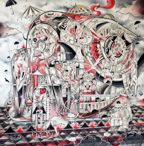 How & Nosm    -  <strong>Age of Reason</strong> (2012<strong style = 'color:#635a27'></strong>)<bR /> spray paint, india ink, cel vinyl, collage on canvas, 
 74 x 74 x 1 inches 
(187.96 x 187.96 x 2.54 cm)