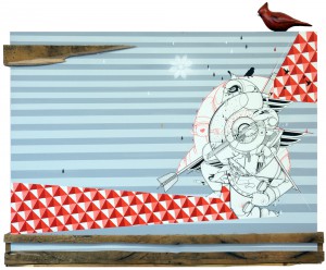How & Nosm    -  <strong>Bird Watcher</strong> (2012<strong style = 'color:#635a27'></strong>)<bR /> spray paint, india ink, cel vinyl, wood on canvas, 
 30 x 40 x 3 inches 
(76.2 x 101.6 x 7.62 cm)