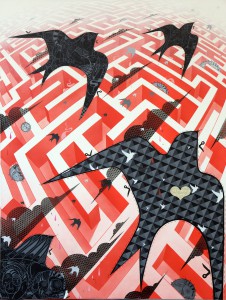 How & Nosm    -  <strong>Dreaming is Free</strong> (2012<strong style = 'color:#635a27'></strong>)<bR /> spray paint, india ink, cel vinyl, collage on canvas, 
 40 x 60 x 1.5 inches 
(101.6 x 76.2 x 3.81 cm)