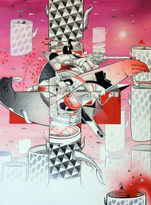 How & Nosm    -  <strong>Indecisive Moment</strong> (2012<strong style = 'color:#635a27'></strong>)<bR /> spray paint, india ink, cel vinyl, collage on canvas, 
 40 x 30 x 1.5 inches 
(101.6 x 76.2 x 3.81 cm)