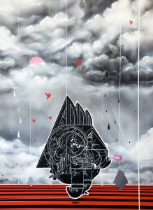 How & Nosm    -  <strong>Sun Days</strong> (2012<strong style = 'color:#635a27'></strong>)<bR /> spray paint, india ink, cel vinyl, collage on canvas, 
 40 x 30 x 1.5 inches 
(101.6 x 76.2 x 3.81 cm)