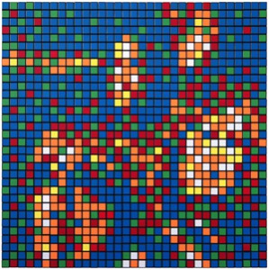 Invader    -  <strong>Rubik The Stooges</strong> (2010<strong style = 'color:#635a27'></strong>)<bR /> 400 Rubik's cubes on perspex panel, 
 24.375 x 24.375 inches 
(62 x 62 cm)