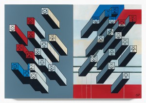 Gary Taxali -  <strong>30 Reasons</strong> (2015<strong style = 'color:#635a27'></strong>)<bR />  mixed media on baltic birch panels, 
 44 x 30 inches 
(each panel is 22 x 30 inches) 
(111.76 x 76.2 cm)