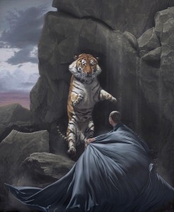 Joel Rea -  <strong>Clash</strong> (2015<strong style = 'color:#635a27'></strong>)<bR />  oil on canvas
39.37 x 32.28 inches
(100 x 82 cm)