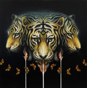 Martin Wittfooth -  <strong>Mother's Milk</strong> (2015<strong style = 'color:#635a27'></strong>)<bR /> oil and gold leaf on canvas, 
 38 x 38 inches 
(96.52 x 96.52 cm)