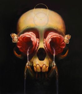 Martin Wittfooth -  <strong>Nectar</strong> (2015<strong style = 'color:#635a27'></strong>)<bR /> oil and gold leaf on canvas, 
 12.5 x 11 inches 
(31.75 x 27.94 cm)