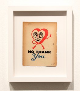 Gary Taxali -  <strong>No Thank You</strong> (2015<strong style = 'color:#635a27'></strong>)<bR />  mixed media on paper, 
 4.75 x 6.125 inches 
(12.06 x 15.6 cm)