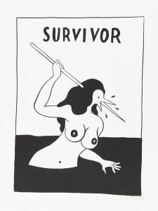 Parra    -  <strong>Survivor</strong> (2012<strong style = 'color:#635a27'></strong>)<bR /> ink on paper, 
 15.75 x 11.75 inches 
(40 x 30 cm) 
19.375 x 15.375 x 1.25 inches, framed