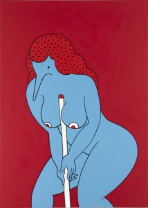Parra    -  <strong>Holding a Stick</strong> (2012<strong style = 'color:#635a27'></strong>)<bR /> acrylic on canvas, 
 55.125 x 39.375 inches 
(140 x 100 cm)