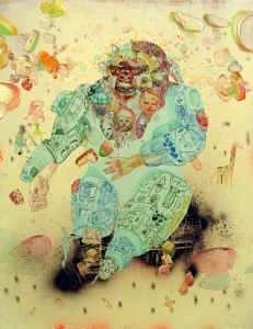 David  Choe -  <strong>Simian Dreams</strong> (<strong style = 'color:#635a27'></strong>)<bR /> Mixed media on wood, 
 22 1/2 x 16 3/4 inches