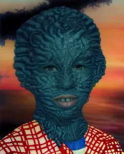 Erik Mark  Sandberg -  <strong>Boy with Sunset</strong> (2011<strong style = 'color:#635a27'></strong>)<bR /> oil, airbrush, resin, glitter and silkscreen on panel, 
 24 x 19 x 1.75 inches 
(60.96 x 48.26 x 4.45 cm)