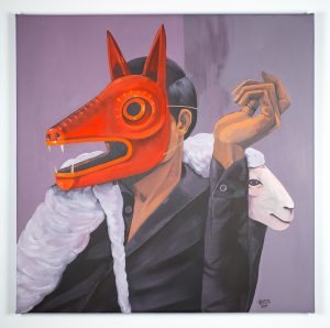 Saner     -  <strong>The Political Swindler</strong> (2014<strong style = 'color:#635a27'></strong>)<bR /> acrylic on canvas, 
 39 x 39 inches 
(99 x 99 cm)
