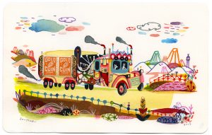 Souther  Salazar -  <strong>Gold Coin Trucking</strong> (2013<strong style = 'color:#635a27'></strong>)<bR /> watercolor, ink and collage on paper, 
 5 x 8 inches 
(12.70 x 20.32 cm) 
10.5 x 13.625 inches, framed