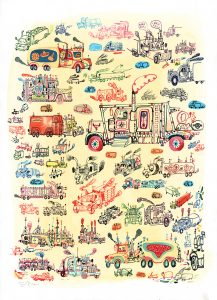 Souther  Salazar -  <strong>Trucks</strong> (2013<strong style = 'color:#635a27'></strong>)<bR /> watercolor, ink and collage on paper, 
 24 x 18 inches 
(60.96 x 45.72 cm) 
29 x 23 inches, framed