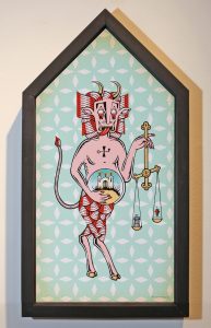 Stephan  Doitschinoff -  <strong>Cramunhão (Demon)</strong> (2011<strong style = 'color:#635a27'></strong>)<bR /> Acrylic and silkscreen on paper, 
 35 x 19 x 3.25 inches, framed 
(88.9 x 48.25 x 8.25 cm), 
 Edition 3 of 30