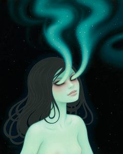 Tara  McPherson -  <strong>Secrets of the Polar Aurora</strong> (2014<strong style = 'color:#635a27'></strong>)<bR /> oil on wood panel, 
 16 x 20 inches 
(40.64 x 50.80 cm)