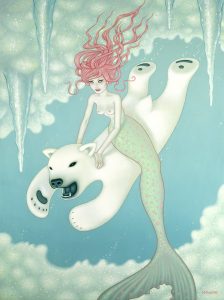 Tara  McPherson -  <strong>Searching for Penguins (1)</strong> (2010<strong style = 'color:#635a27'></strong>)<bR /> oil on linen, stretched over panel, 
 48 x 36 inches (121.9 x 91.4 cm) 
52.5 x 41 inches framed