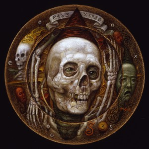 Chris  Mars -  <strong>The Greeter</strong> (2005<strong style = 'color:#635a27'></strong>)<bR /> Oil on Panel, 
 9 inches in diameter