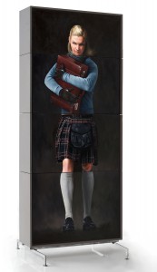 Andreas  Englund -  <strong>The Suitcase</strong> (2015<strong style = 'color:#635a27'></strong>)<bR /> oil on interchangeable canvas mounted on mdf board casings on steel feet, 
 41.73 x 94.49 x 11.81 inches 
(106 x 240 x 30 cm), 
 edition 1 of 1, 
 Assembles into 16 separate configurations