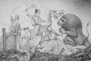 Alex  Gross -  <strong>The Beast</strong> (2008<strong style = 'color:#635a27'></strong>)<bR /> graphite on Strathmore Bristol Paper, 
 16 x 24 inches 
(40.64 x 60.96 cm) 
28 x 36 inches, framed