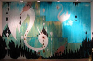 Camille Rose  Garcia -  <strong>Royal Disorder Earth Mutiny</strong> (2006<strong style = 'color:#635a27'></strong>)<bR /> Installation from acrylic and collage on wood, 
 12 x 15 feet