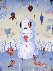 Gary  Baseman -  <strong>Winter Magi</strong> (2005<strong style = 'color:#635a27'></strong>)<bR /> Acrylic on Wood Panel, 
 18 x 24 inches