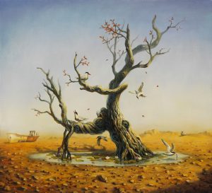 Martin Wittfooth -  <strong>Witness</strong> (2015<strong style = 'color:#635a27'></strong>)<bR /> oil on canvas, 
 35 x 38 inches 
(88.9 x 96.52 cm)