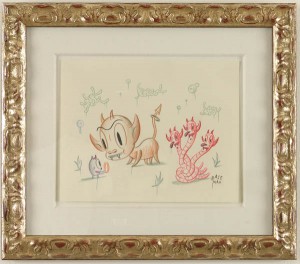 Gary  Baseman -  <strong>A Hot Ring</strong> (2005<strong style = 'color:#635a27'></strong>)<bR /> Mixed media on paper, 
 9 x 11 inches