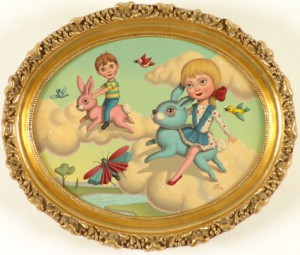 Ana  Bagayan -  <strong>Bunny Ride</strong> (<strong style = 'color:#635a27'></strong>)<bR /> oil on wood, 
 11 x 14 in. (27.94 x 35.56 cm), 
 15 x 17 in. (38.10 x 43.18 cm) framed