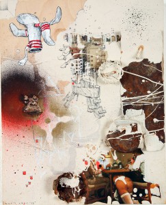 David  Choe -  <strong>Beige Socks</strong> (<strong style = 'color:#635a27'></strong>)<bR /> Mixed media on wood, 
 9 3/4 x 7 3/4 inches
